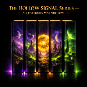 The Hollow Signal Series banner displays all five books available now above vivid fantasy landscapes, glowing planets and celestial artwork on black.